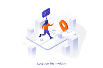 Woman running on city map with GPS pin. Location tracking and navigation technology concept. Isometric vector illustration for website heading.