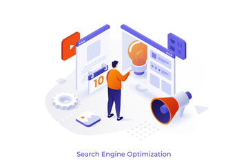 Isometric vector illustration with Man working on search engine optimization strategy with website interfaces and creative idea bulb. Digital marketing concept for business promotion.