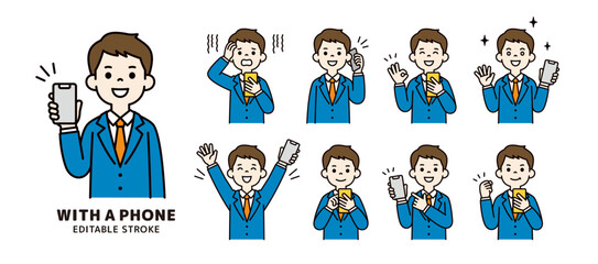 スマホを持った若いビジネスマンの様々な表情・ポーズのベクターイラスト素材セット＿カラー