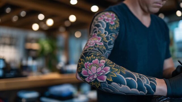 436Colorful Japanese tattoo on arm, tattoo artist highlighting intricate koi and blossom design, professional tattoo studio ambiance, warm natural and artificial lighting