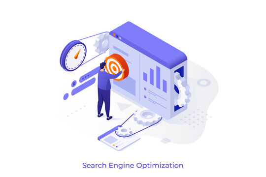 Man optimizing web content for search engine to improve ranking. SEO strategy for website promotion using isometric vector illustration.
