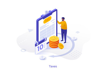 Isometric vector illustration with man paying or calculating tax. Financial obligation and deadline concept. Income taxes, accounting, business and finance management for presentation slide.