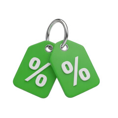 Green sale tags with percentage symbols, isolated on transparent background