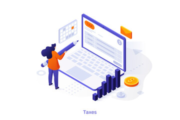 Woman submitting tax return online using laptop. Isometric vector illustration for tax filing, accounting, financial planning, and business services.