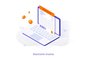 Isometric vector illustration concept of electronic invoice on laptop screen with flying coin. Digital billing and online payment for business and finance.