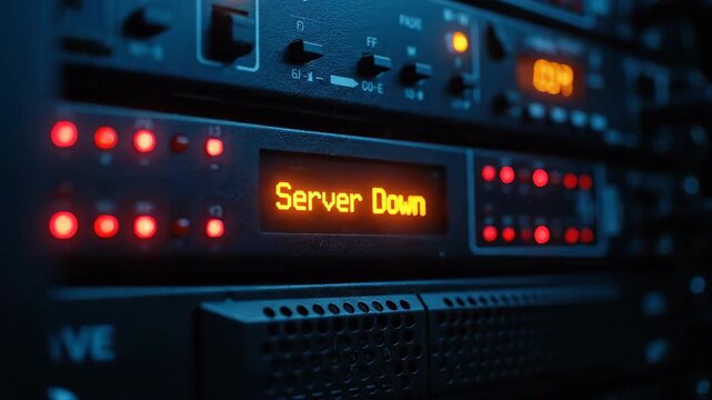 Close up of a server rack with a bright orange 'Server Down' message on a digital display.