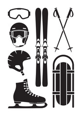 Black and white of winter sports equipment skis poles