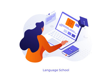 Isometric vector illustration with Woman studying foreign language online using laptop. Online education platform and language school concept for e-learning.