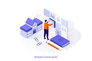Isometric vector illustration with Man arranging virtual learning module tiles, representing a school curriculum and digital education concept for modern development of knowledge.