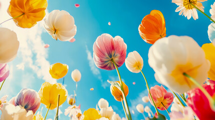 Uplifting low-angle perspective of breathtaking spring flower garden, showcasing abundance of vibrant colorful blossoms reaching towards clear blue sky, with softly falling petals adding whimsical tou