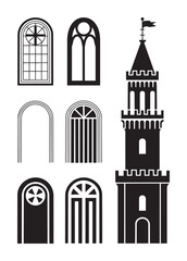 Black and white silhouette of various castle architectural tower windows