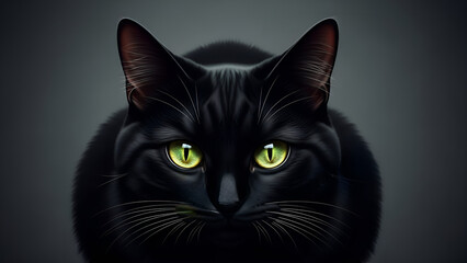 Intense close up portrait of a mysterious sleek black cat staring directly ahead with captivating bright glowing yellow green eyes against a dark background