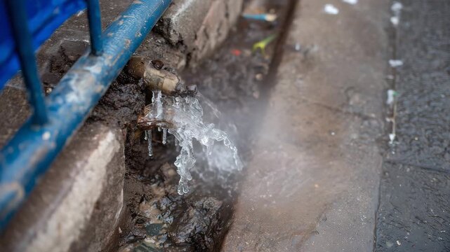 Leaking pipe with icicles in freezing weather, cold mist rising from water, icy reflections on the street, burst pipe scenario, frozen winter textures emphasized
