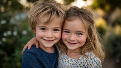 Little boy and girl embracing joyfully, park scenery bathed in warm afternoon light, vibrant green surroundings, celebrating friendship and familial love