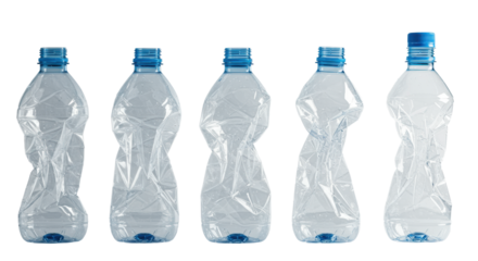 Five transparent pet plastic water bottles, blue caps, horizontal progression of compression, from intact to flattened, on a transparent background, sharp shadows. Concept of recycling and