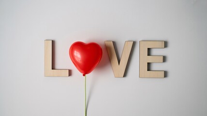 A red heart shaped balloon tied to wooden letters spelling love on white background for valentines day with romance
