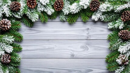 Festive background with snowy pine branches and pinecones frame a gray wooden surface, creating a winter holiday scene, flat lay, copy space - Powered by Adobe