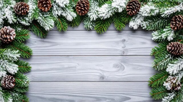 Festive background with snowy pine branches and pinecones frame a gray wooden surface, creating a winter holiday scene, flat lay, copy space