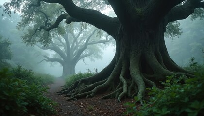 Foggy forest scenery shows path near big tree with large roots. Woodland landscape shows ancient plants covered by mist. Nature background useful for wallpaper graphic design about environment topics.