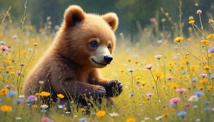 Fototapeta premium Sweet little brown bear cub sits happily in vibrant field of bright colorful wildflowers. Young furry animal enjoys warm sunny day outdoors, exploring green grass. Cute wild mammal looks innocently.