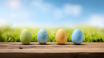 Brightly painted Easter eggs sit on a rustic wooden surface, surrounded by vibrant greenery Generative AI