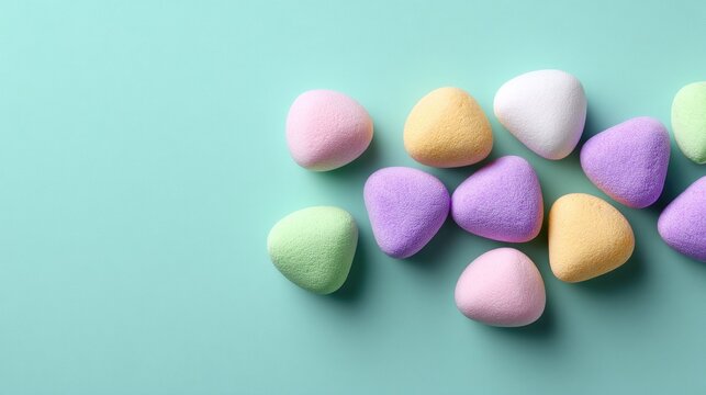 Colorful makeup sponges arranged on a soft pastel green background for beauty and cosmetic applications, creative design and product photography