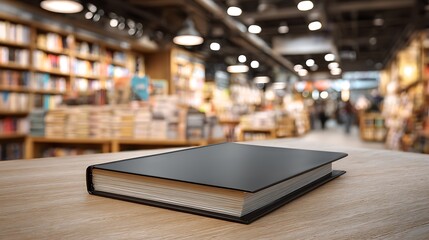 A singular, dark-covered book rests atop a light-toned wooden surface. A bookstore backdrop blurs the view