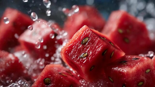 Macro close-up of juicy watermelon cubes, water splashing around them as they fly, vibrant red texture, glistening moisture, refreshing and energetic food scene