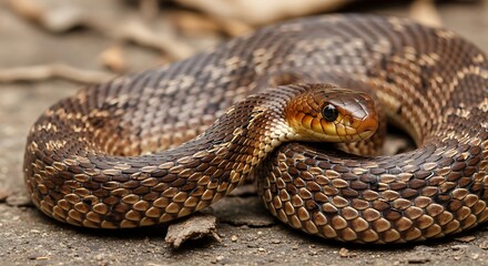 Naklejka premium Brown patterned snake coils on the ground with an alert pose.