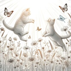 A line drawing of a cute cat jumping and playing in a grassy field