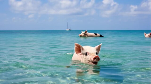 Cute Pigs Swimming in Tropical Ocean Water on Pig Beach Bahamas