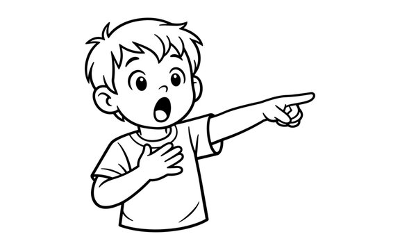 Cartoon boy pointing with surprise and hand on chest, black and white illustration