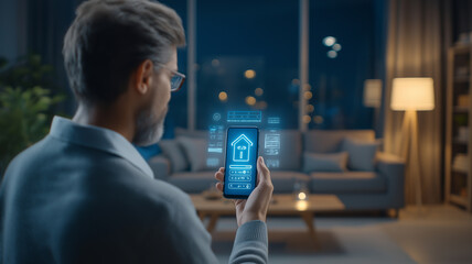 A man uses a smartphone app to control his home's features in the evening glow Generative AI