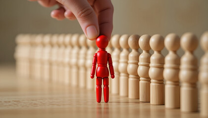 Talent acquisition and corporate leadership concept representing employee selection and recruitment with a hand choosing a unique smiling wooden figure for human resources hiring website banner