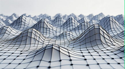 Monochrome wireframe mountain landscape with topographic mesh and black nodal dots