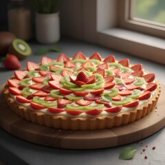 Close-up of a beautifully arranged strawberry and kiwi fruit tart with a creamy filling and golden crust on a wooden board, natural light.
