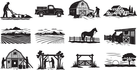 Obraz premium Farm and agriculture icons in black and white illustrations