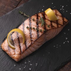Juicy grilled salmon fillet with charred grill marks, garnished with lemon slices and fresh rosemary on a dark slate plate with coarse sea salt