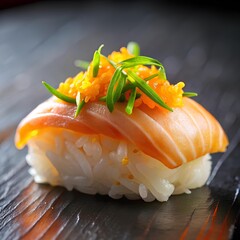 Close-up of a delicious salmon nigiri sushi with bright orange tobiko roe and fresh green chives on a dark textured plate