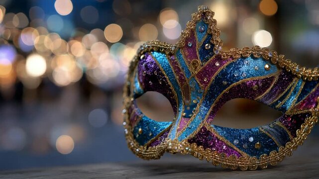 Masquerade mask in vivid colors on festive background, shimmering bokeh lights and soft blur, elegant carnival atmosphere inspired by European and Brazilian festivals, copy space f
