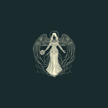 Ethereal winged angel or goddess figure with flowing robes in a vintage hand drawn engraving style