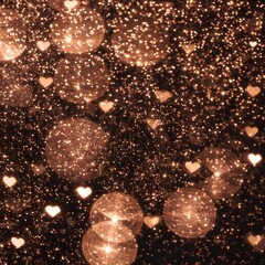 Warm glowing bokeh hearts and light particles create a magical, romantic, and celebratory atmosphere with a soft focus effect and sparkling highlights.