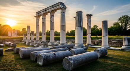 Ancient stone ruins with fallen columns at sunset