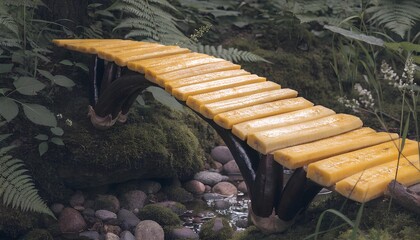 Surreal bridge made of cut bananas spanning a mossy forest stream with ferns and pebbles, nature concept