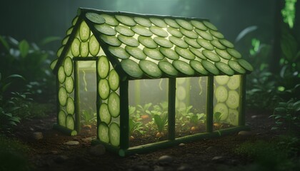 Surreal miniature greenhouse constructed from fresh cucumber slices, showcasing young plants growing inside, in a lush, misty forest.