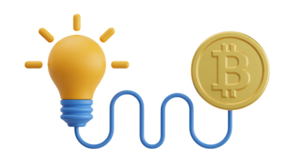 Bitcoin cryptocurrency idea in 3D illustration with bright glowing lightbulb and blue cord in modern minimalist style for blockchain technology