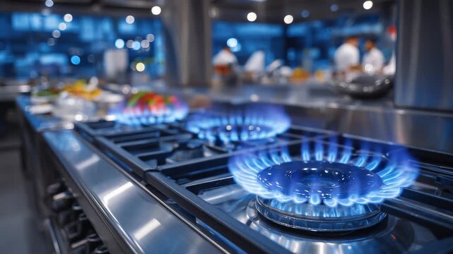 Modern kitchen gas burners in action, close-up of blue flames, polished stainless steel surface reflecting light, warm ambient illumination emphasizing cooking environment