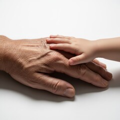 Fototapeta premium Baby kid hand touching old man arm. Concept of support, care, family, generation life cycle, hope, youth, elder, grandparent help.