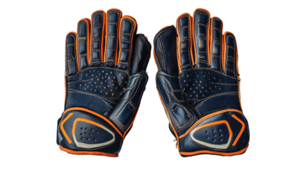Blue and orange motorcycle gloves on transparent background