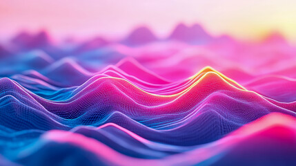 Vibrant Digital Peaks: Luminous Abstract Landscape of Undulating Wireframe Waves in Neon Pink and Blue Gradients with Glowing Edges, Symbolizing Modern Data Flow Technology